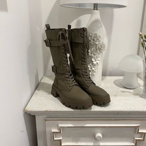 ZARA Army Green Knee High Combat Boots